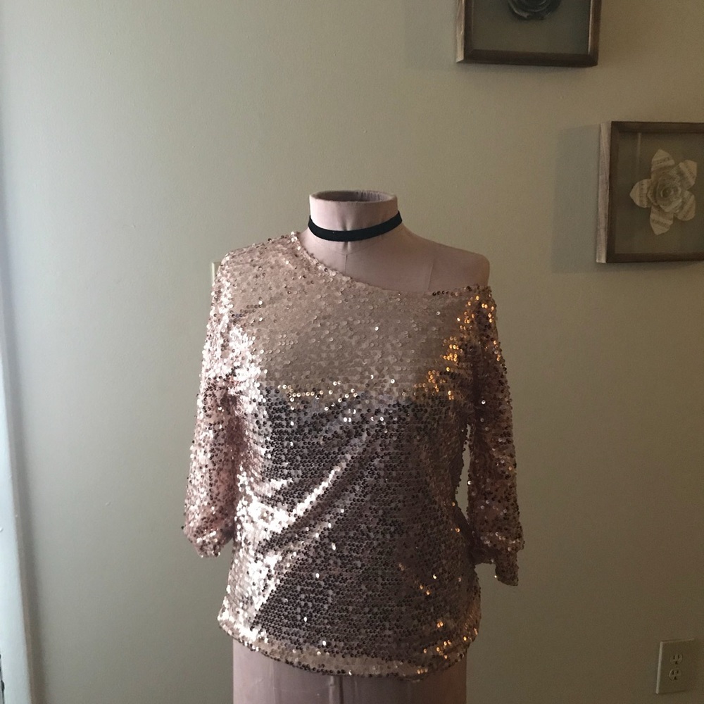 Rose Gold Sequin Off the Shoulder Top